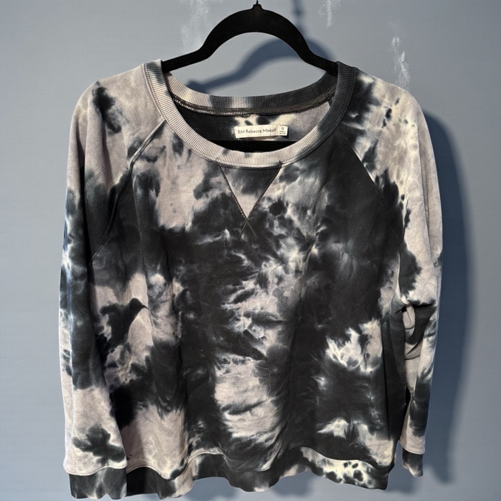 RM Rebecca Minkoff Terry 100% Cotton Crew Pullover Black Tie Dye Size 1X LN